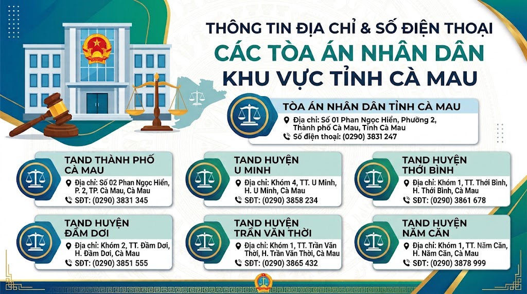 Địa chỉ và số điện thoại các Tòa án nhân dân khu vực tỉnh Cà Mau
